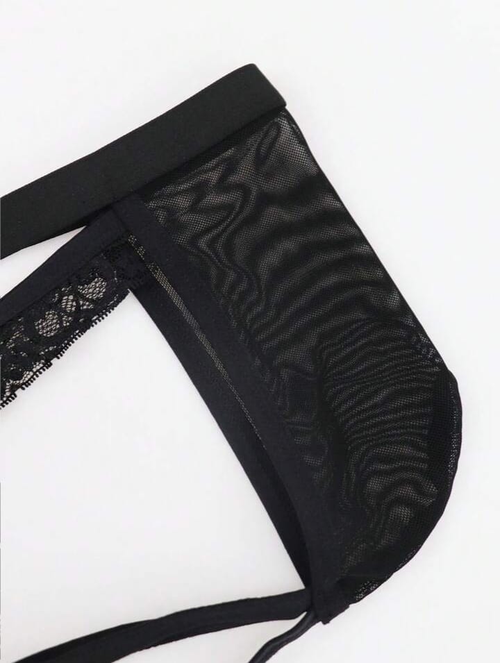 Black Lace Trim Mesh Breathable Mid-Waist Thongs Briefs Alluring For Men